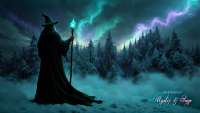 A wizard looking out over a snowy scene with northern lights in the background