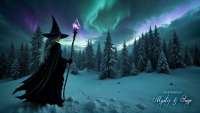 A witch looking out over a snowy scene with northern lights in the background