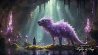 A woman standing in a cave having a meeting with a magical purple creature.