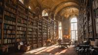 A high ceiling library with large windows. Late afternoon sun lights up the floor.