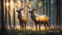Two deer standing in an enchanted forest. Their bodies are made from gold and honey